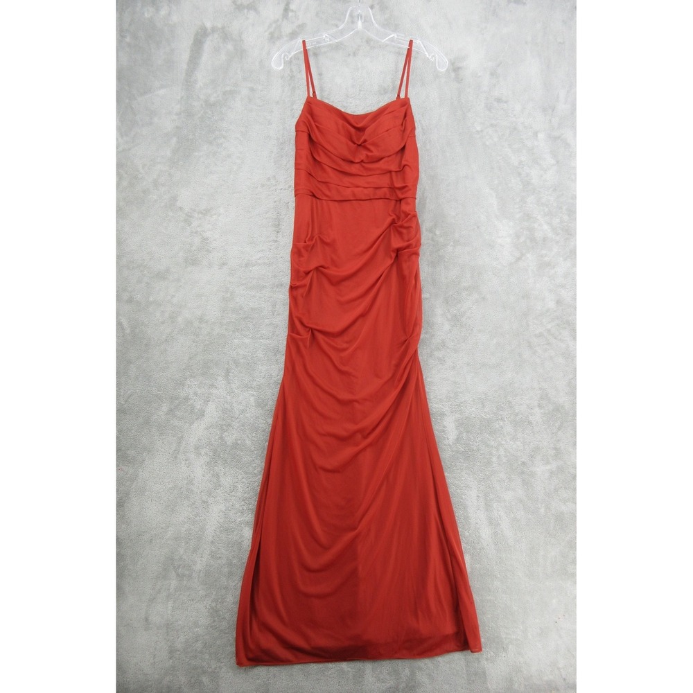 Azazie Dress Womens Size XS  Ruched Gown Mesh Sheer Overlay Bodycon Orange Zip